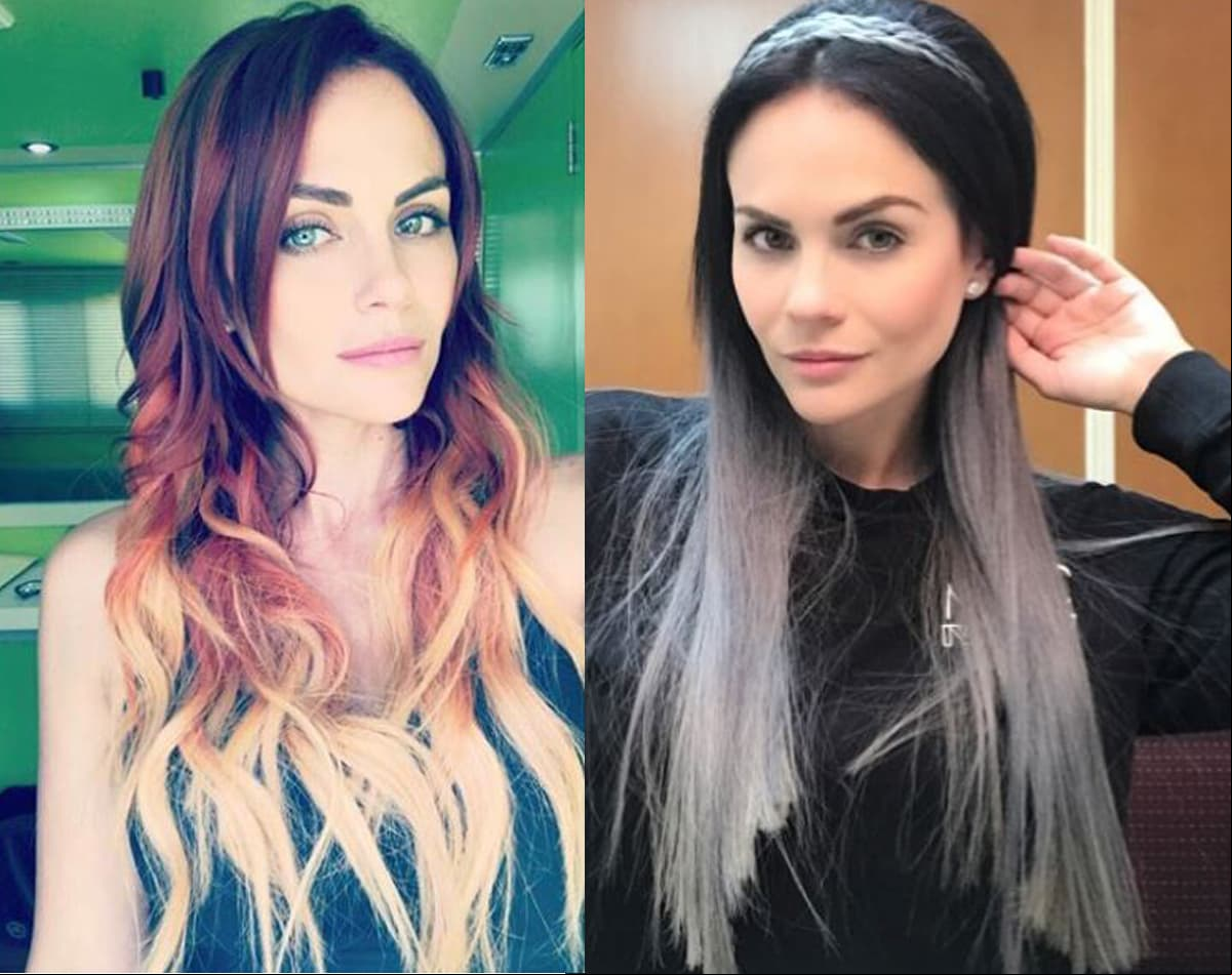Laura Carmine apareció en A que no me dejas con el cabello de colores que iban deslavándose y asimilando al fuego: pelirrojo en la parte superior, naranja en medio y rubio en las puntas. Después, se oscureció a un negro con puntas grises.,